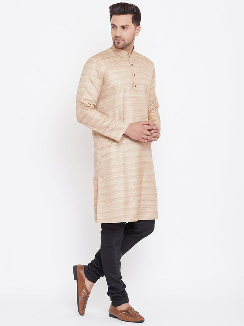 Vastramay Men's Beige And Black Silk Blend Kurta Pyjama Set